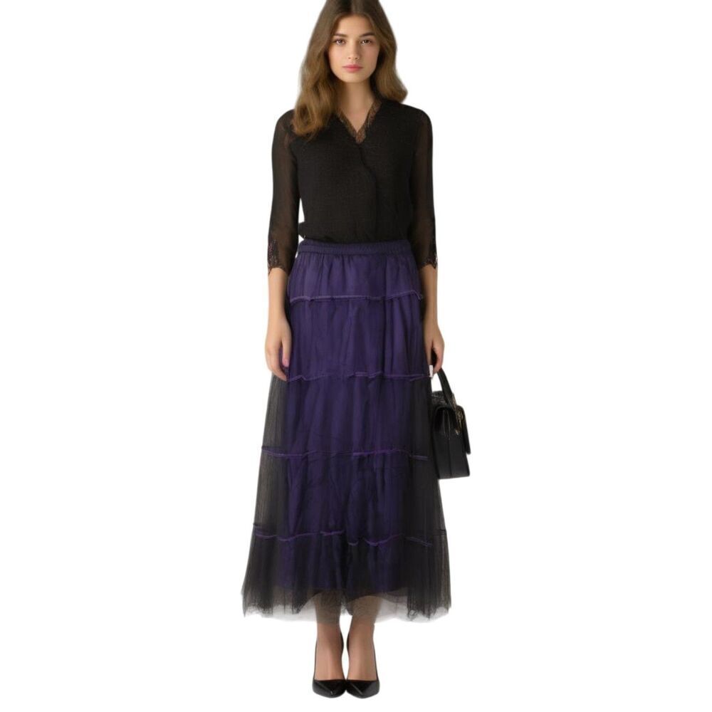 Sterling Styles Purple and Black Mesh Overlay Midi Tiered Prairie Skirt
